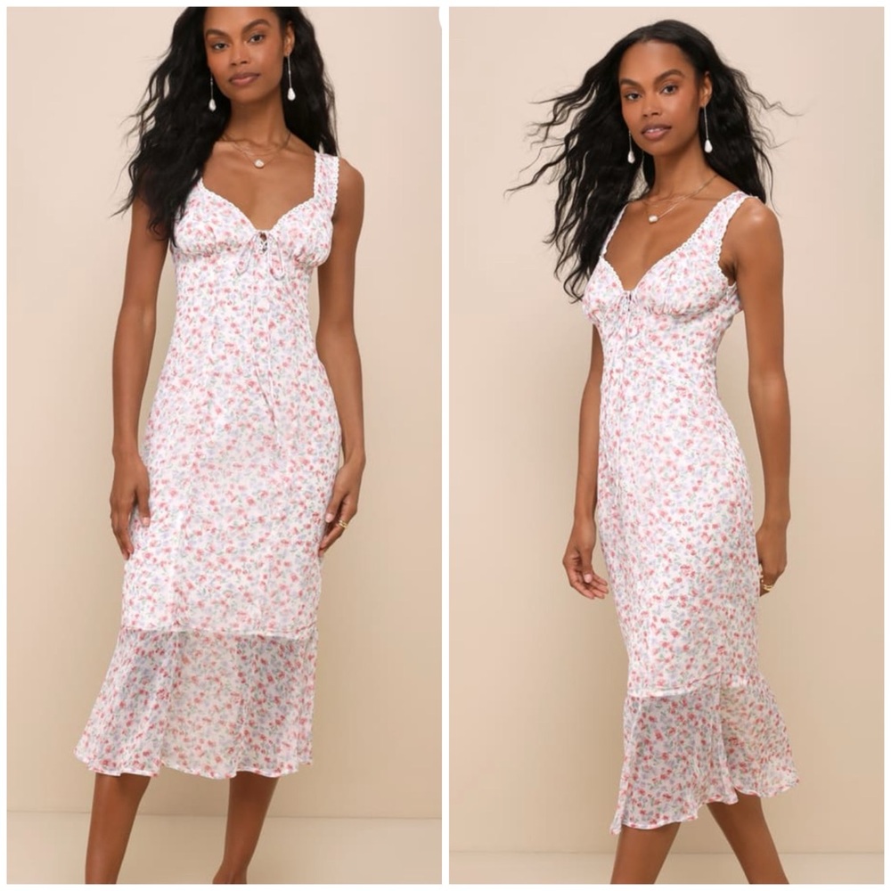 Lulu's Dreamy Decision White Floral Chiffon Trumpet Midi Dress